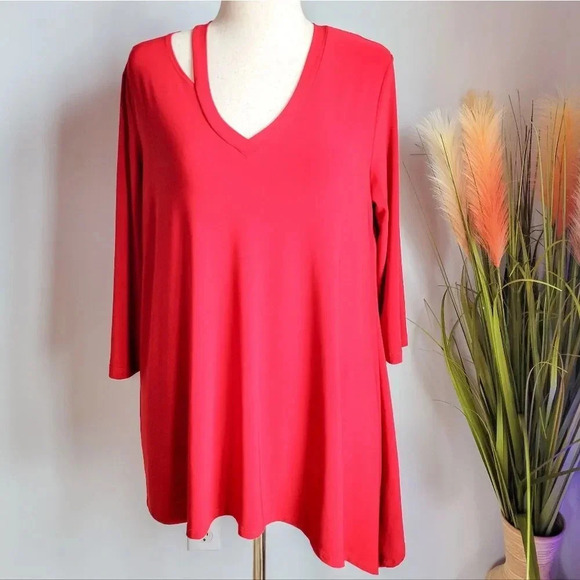 Clara Sunwoo, Cherry Red Cutout Shoulder Jersey Asymmetric Tunic Top Size Large - Picture 1 of 11